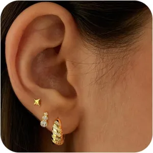 ASCOMY Gold Hoop Earrings Set for Women - 14K Gold/White Gold Plated Huggie Hoops, Cubic Zirconia Studs, Chunky Open Hoops - CZ Jewelry Gifts