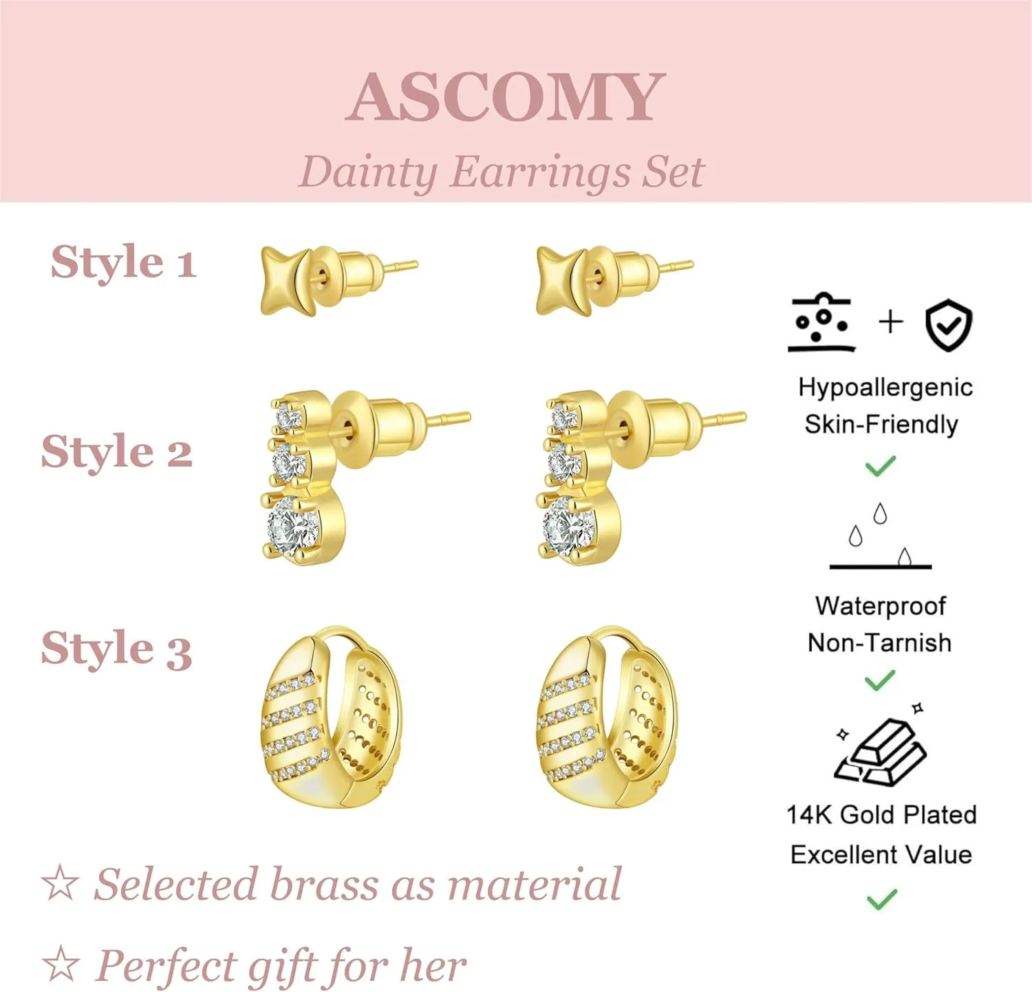 ASCOMY Gold Hoop Earrings Set for Women - 14K Gold/White Gold Plated Huggie Hoops, Cubic Zirconia Studs, Chunky Open Hoops - CZ Jewelry Gifts