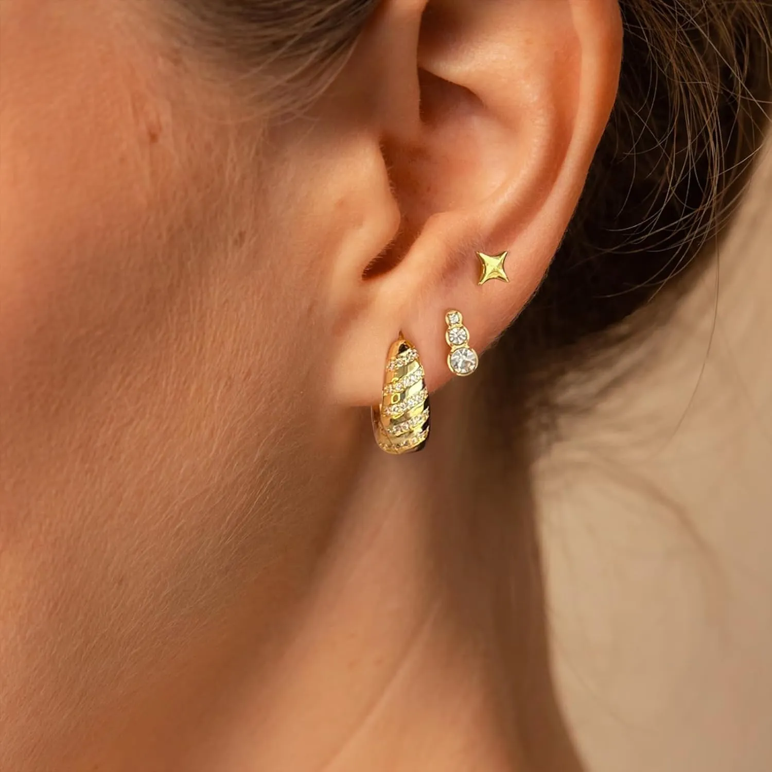 ASCOMY Gold Hoop Earrings Set for Women - 14K Gold/White Gold Plated Huggie Hoops, Cubic Zirconia Studs, Chunky Open Hoops - CZ Jewelry Gifts