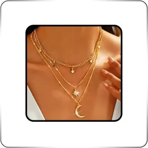 Asooll Boho Layered Necklaces Gold Moon and Stars Vintage Necklace for Women