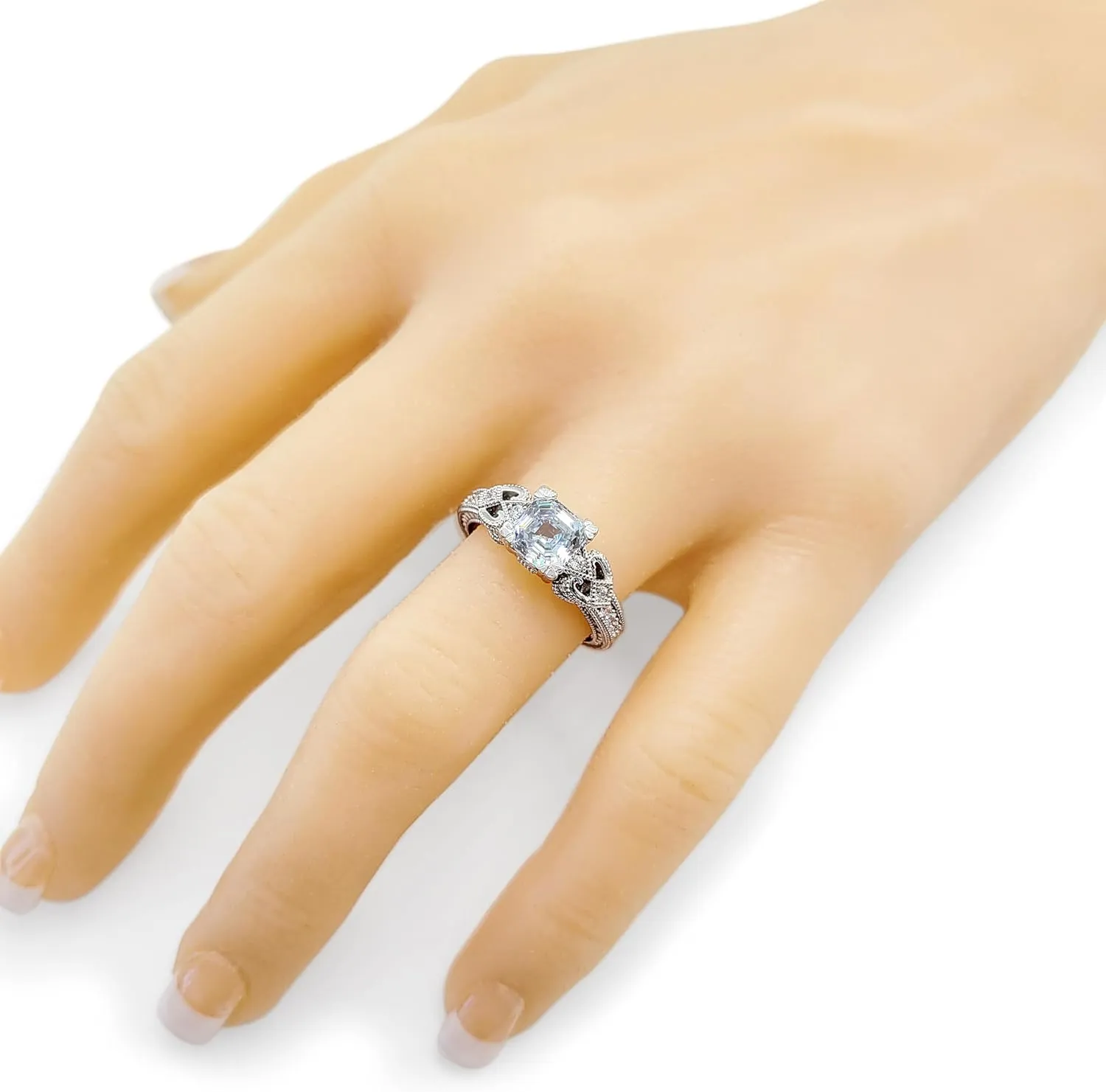 Asscher Cut Engagement Ring Pure Brilliance Zirconia, Vintage & Antique Look, Sterling Silver, 10K or 14K Gold
