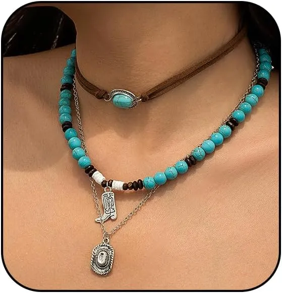Atiptu Layered Western Necklaces for Women Vintage Turquoise Beaded Leather Choker Necklace Country Concert Cowgirl Dresses Accessories Western Jewelry
