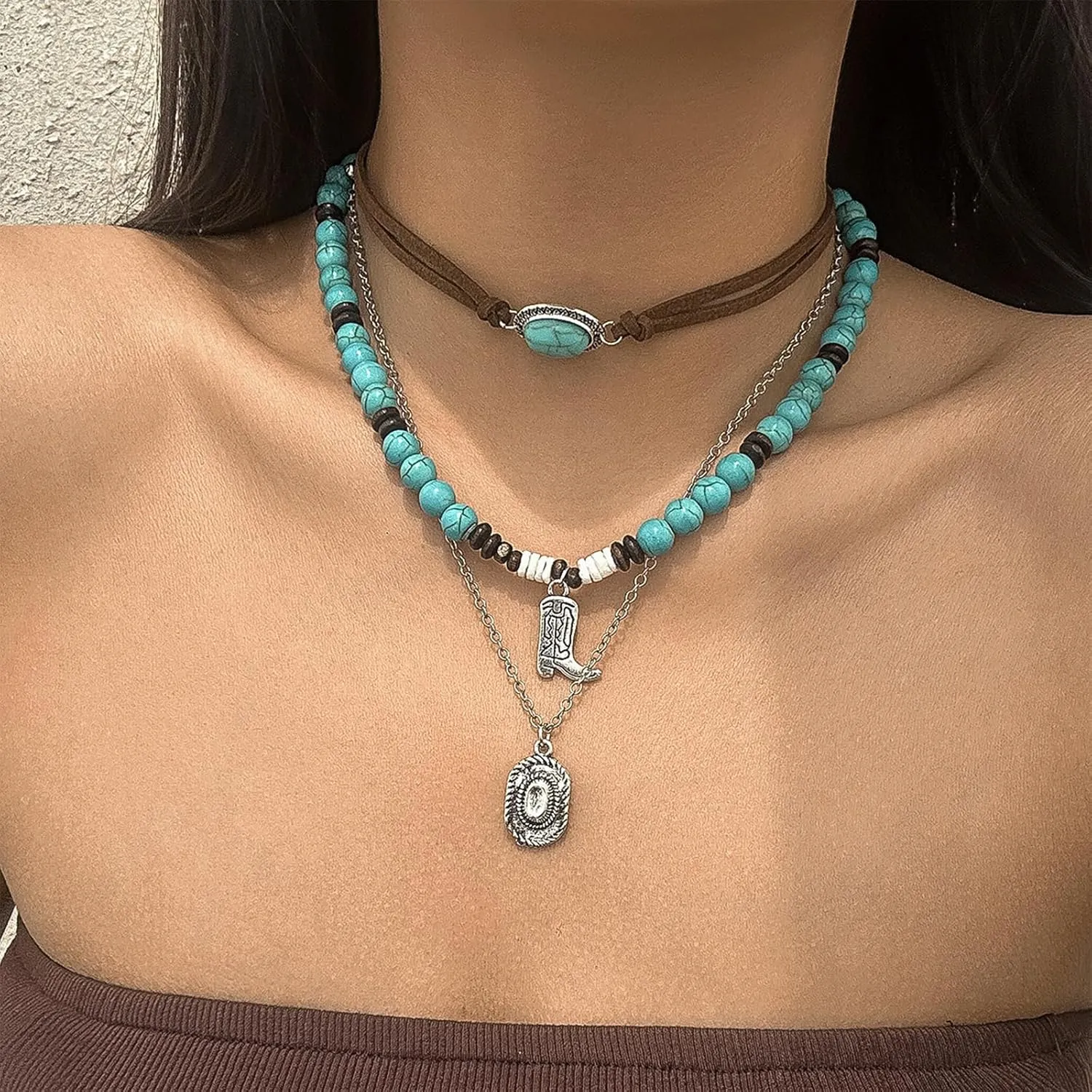 Atiptu Layered Western Necklaces for Women Vintage Turquoise Beaded Leather Choker Necklace Country Concert Cowgirl Dresses Accessories Western Jewelry