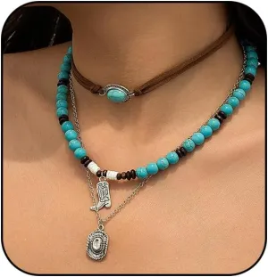 Atiptu Layered Western Necklaces for Women Vintage Turquoise Beaded Leather Choker Necklace Country Concert Cowgirl Dresses Accessories Western Jewelry