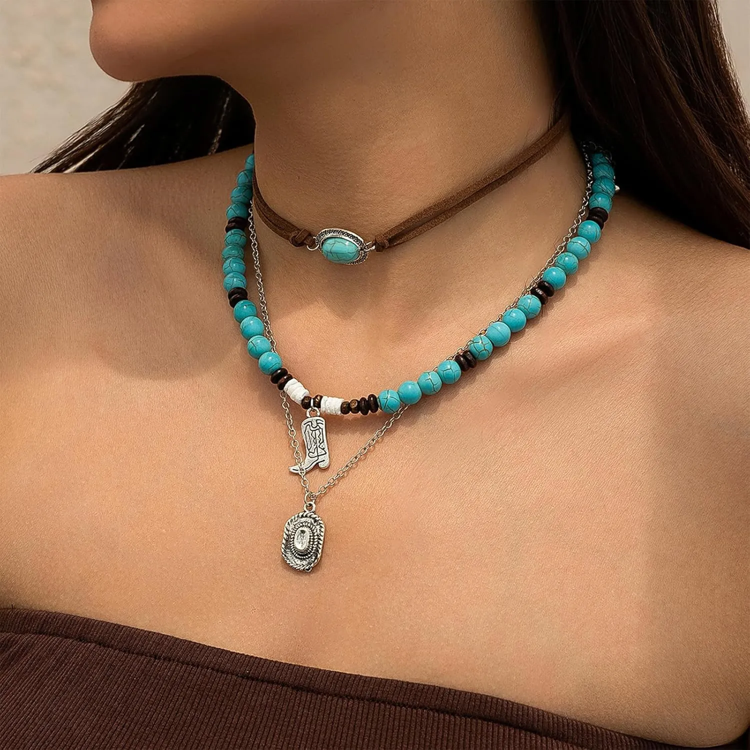 Atiptu Layered Western Necklaces for Women Vintage Turquoise Beaded Leather Choker Necklace Country Concert Cowgirl Dresses Accessories Western Jewelry