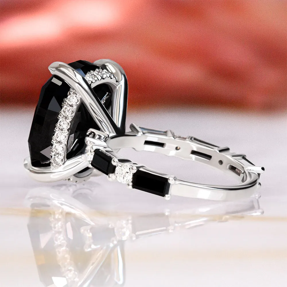 Bandaar -Art Deco  Natural Black Diamond Oval Engagement Ring
