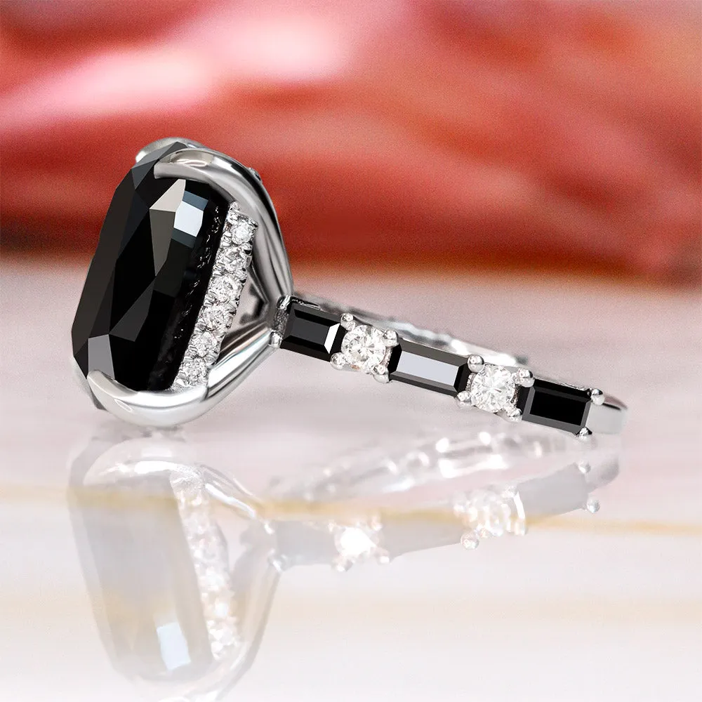 Bandaar -Art Deco  Natural Black Diamond Oval Engagement Ring