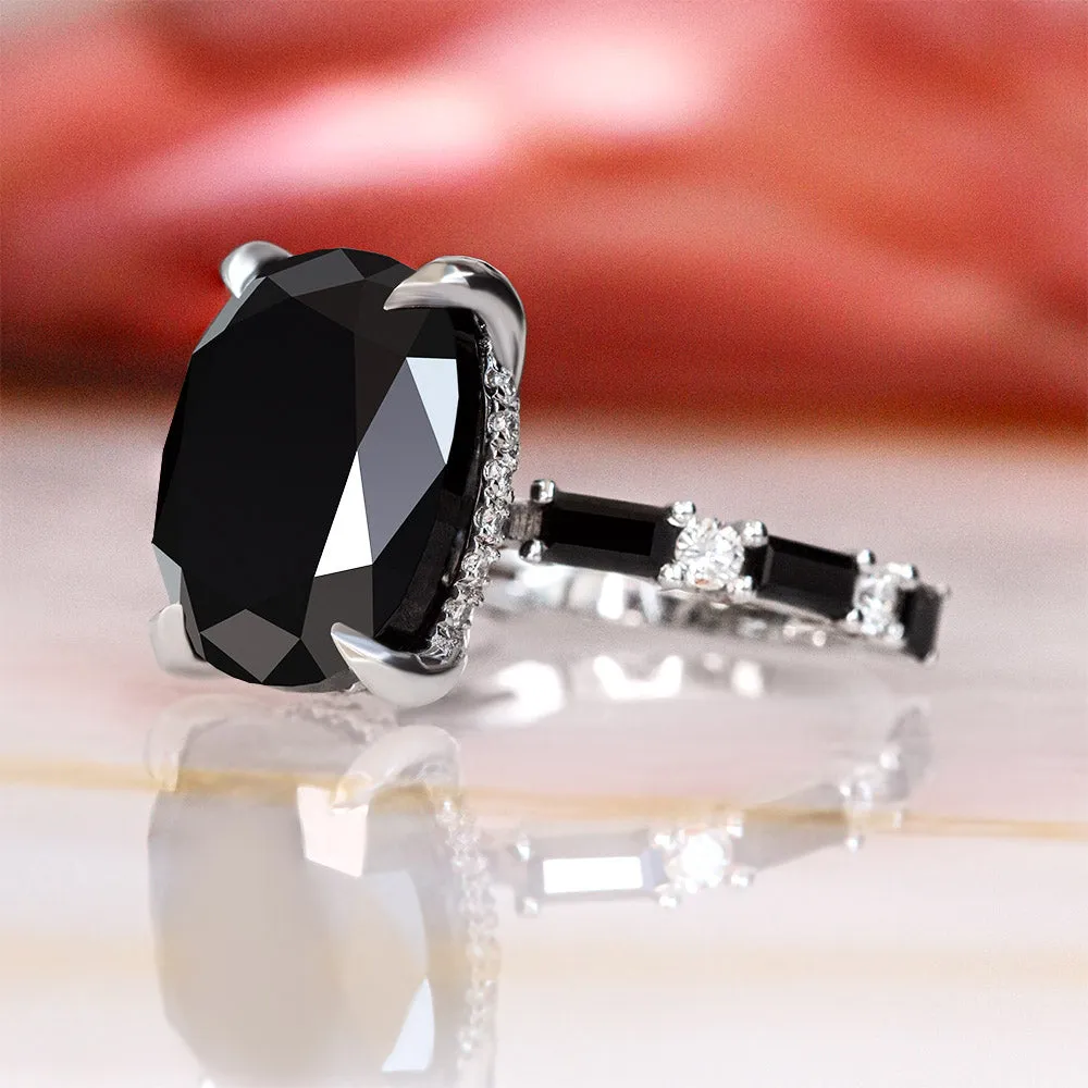 Bandaar -Art Deco  Natural Black Diamond Oval Engagement Ring