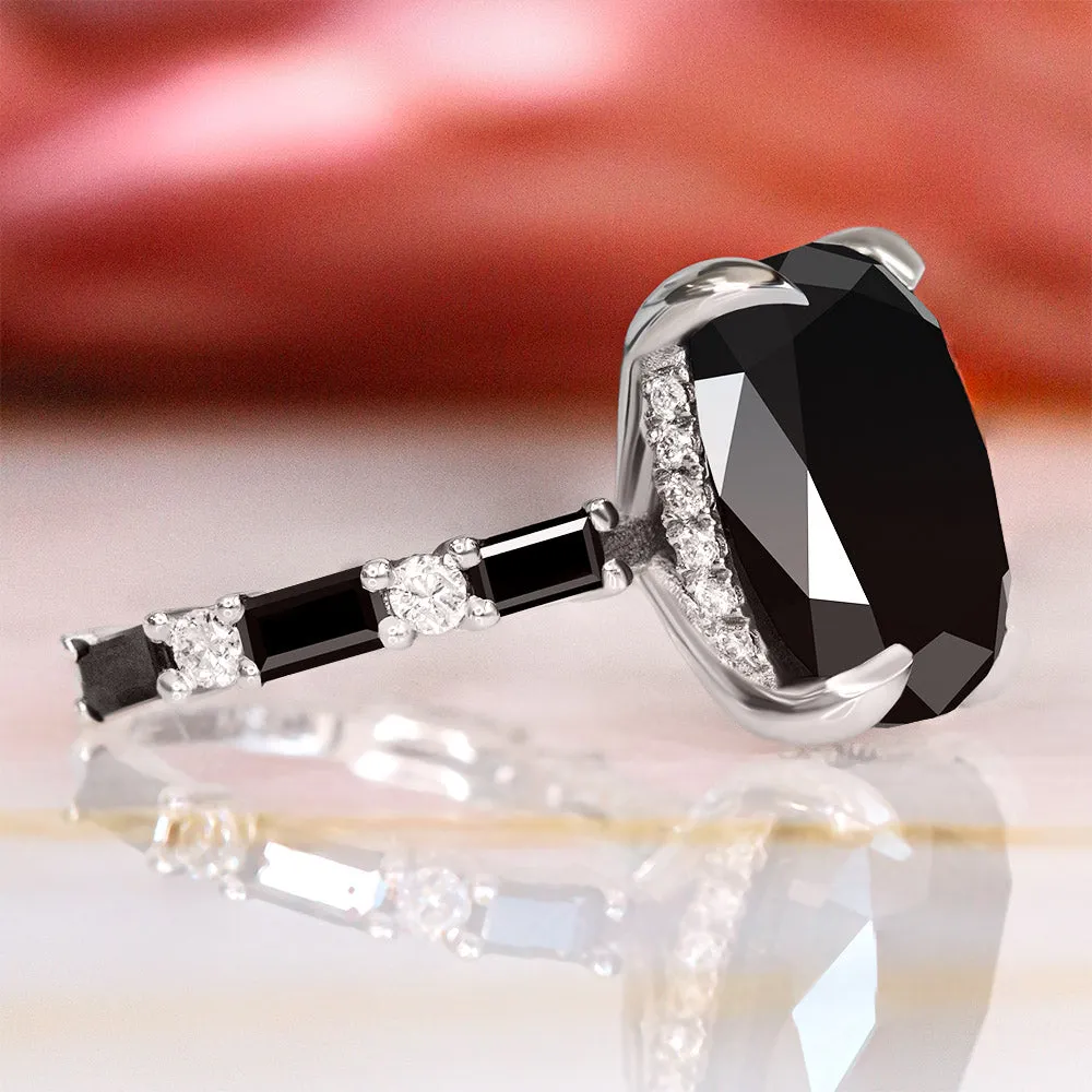 Bandaar -Art Deco  Natural Black Diamond Oval Engagement Ring