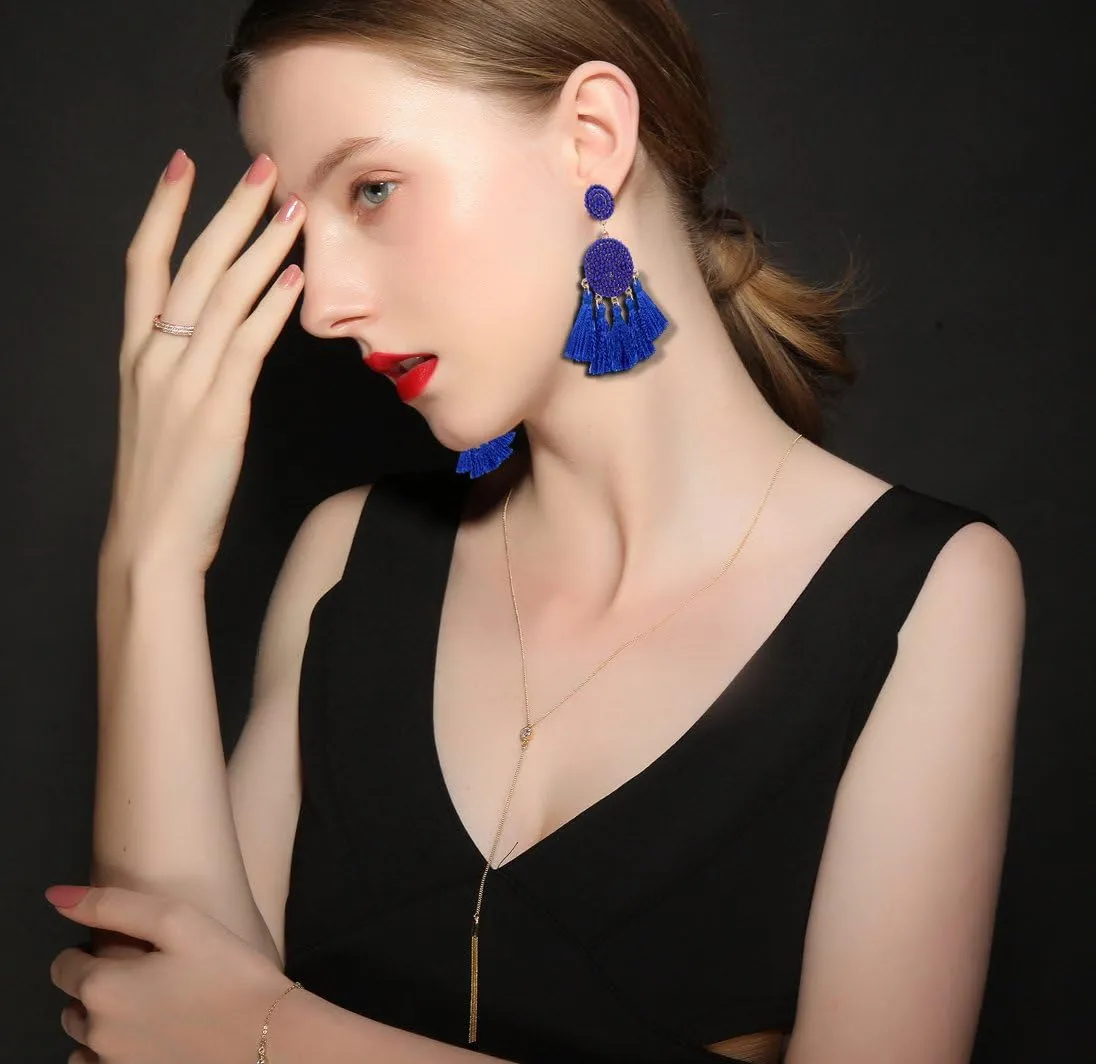 Beaded Tassel Earrings for Women Thread Fringe Drop Dangle Earrings Bohemia Statement Stud Earrings