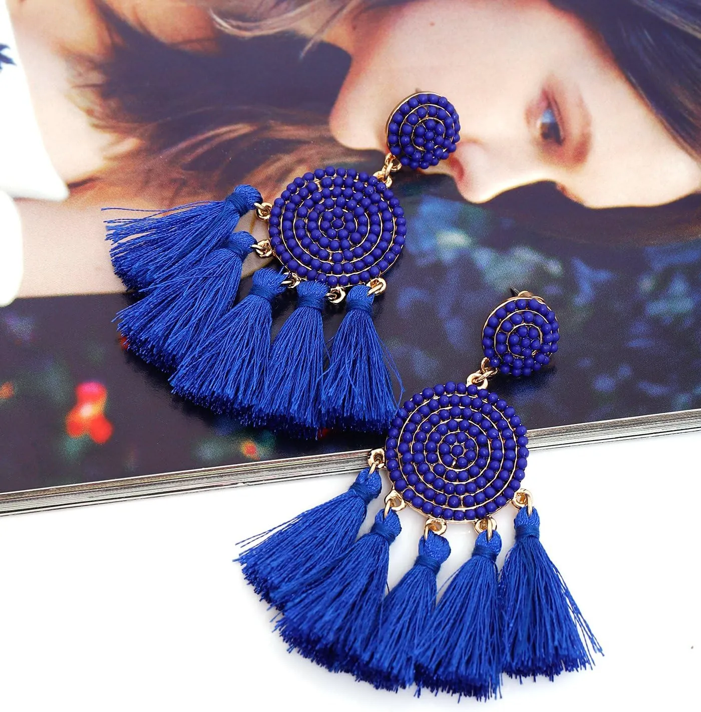 Beaded Tassel Earrings for Women Thread Fringe Drop Dangle Earrings Bohemia Statement Stud Earrings