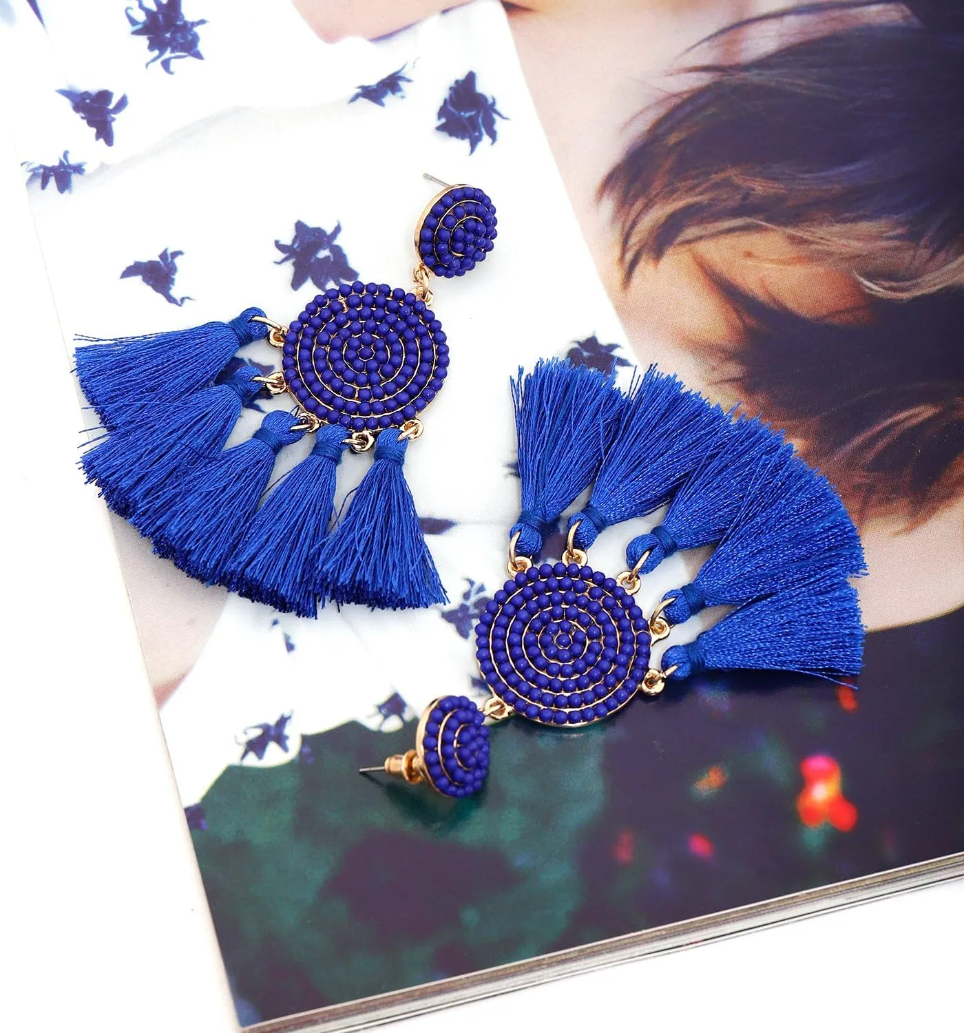 Beaded Tassel Earrings for Women Thread Fringe Drop Dangle Earrings Bohemia Statement Stud Earrings