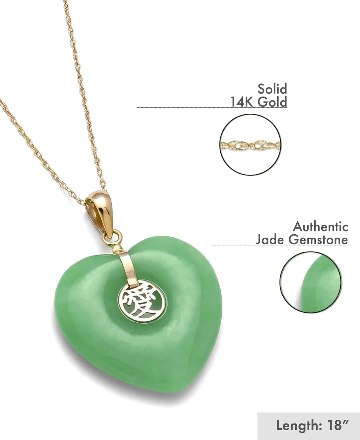 Belacqua Natural Jade Heart Charm Necklace Pendant for Women | 14K Gold 18" Rope Chain With Spring Ring Clasp| Jewelry for Her | Gift Box Included