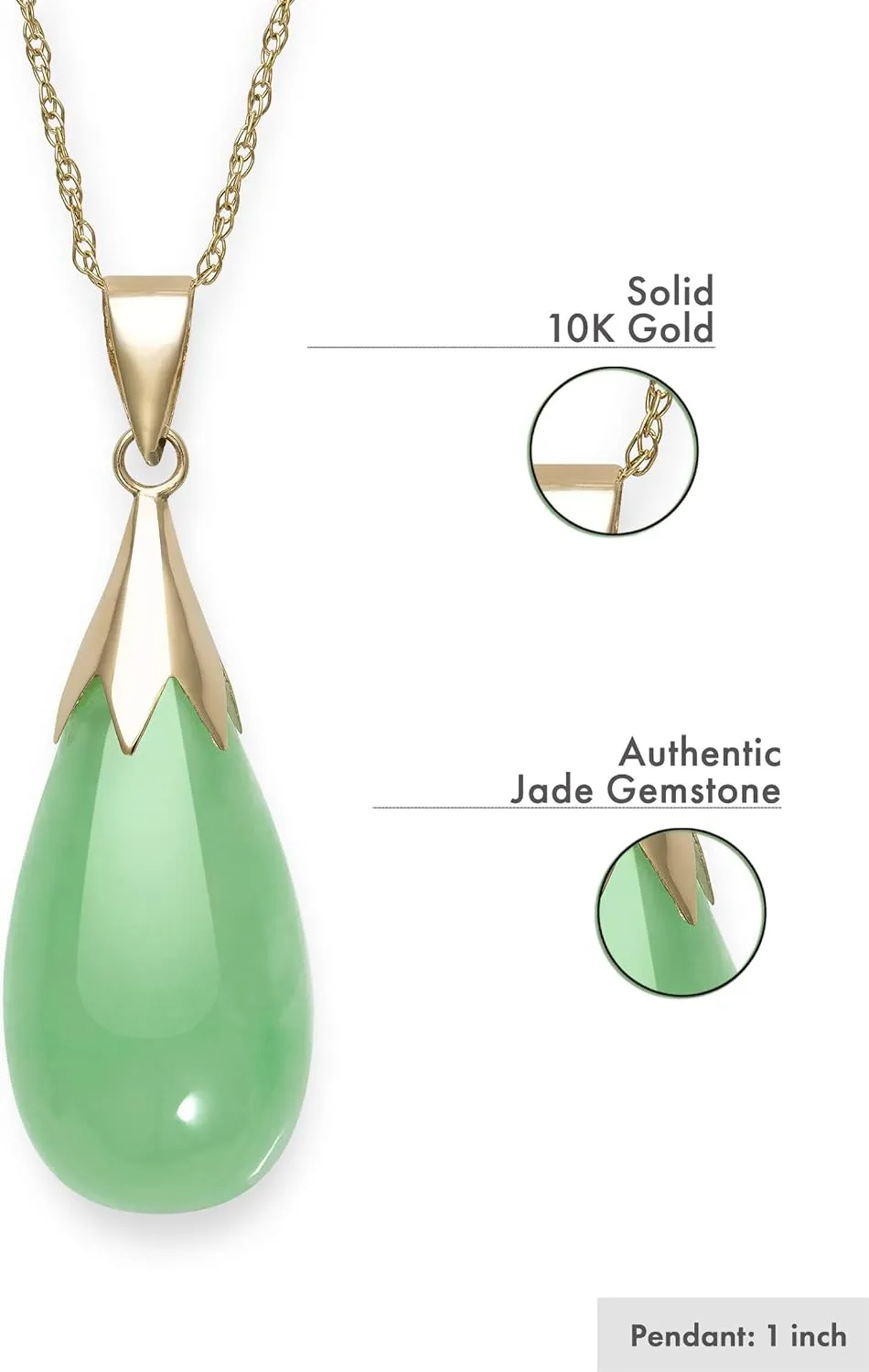 Belacqua Natural teardrop Jade Pendant Necklace for Women | 14K Gold 18" Rope Chain With Spring Ring Clasp | Jewelry for Her | Gift Box Included