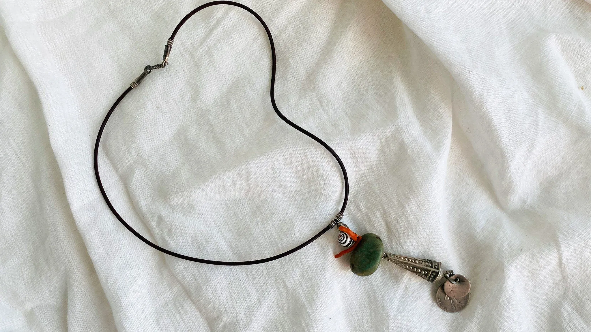 Berber Silver, Amazonite, Coral and Shell Talisman Necklace. Morocco. 0332