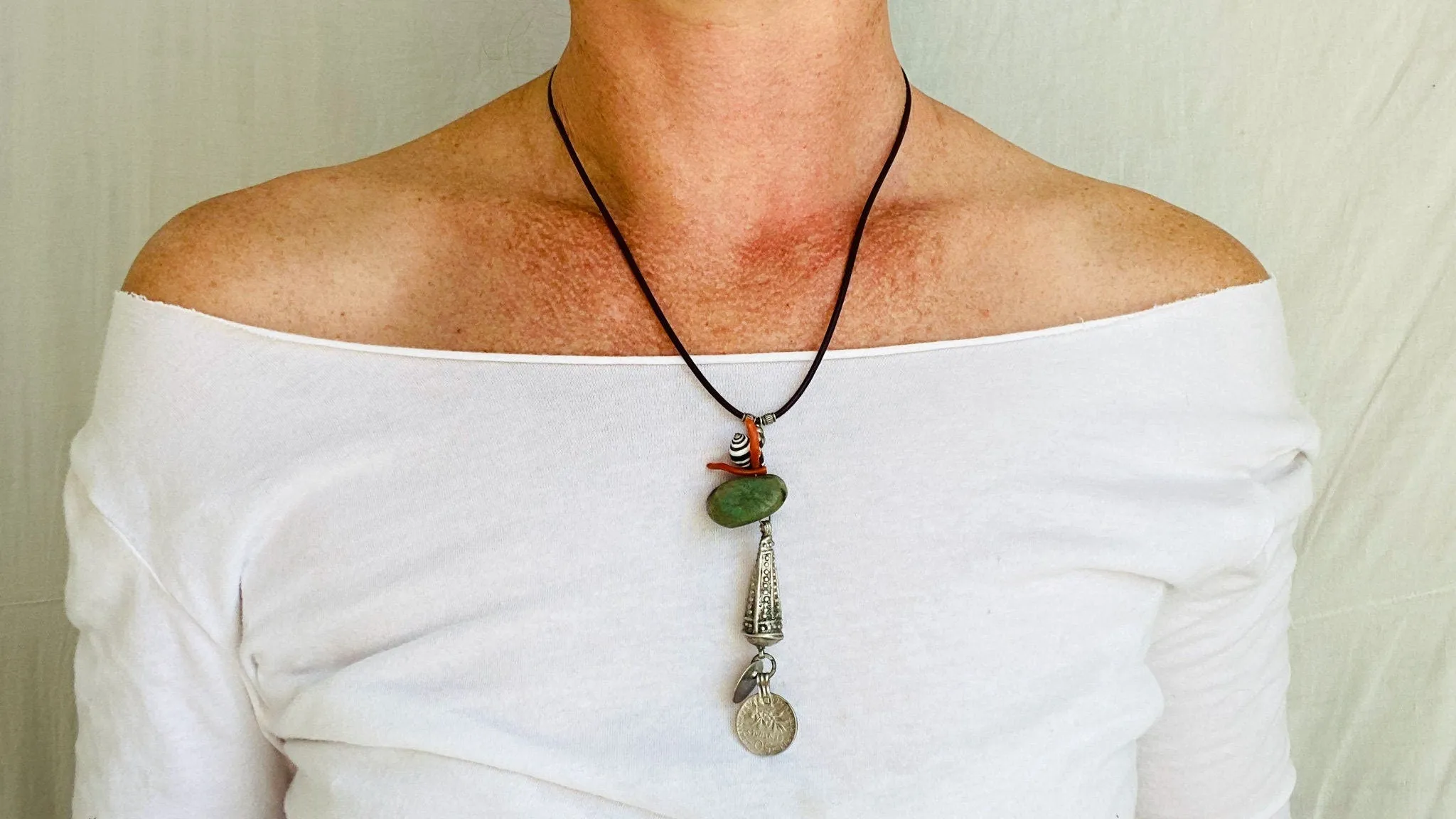 Berber Silver, Amazonite, Coral and Shell Talisman Necklace. Morocco. 0332