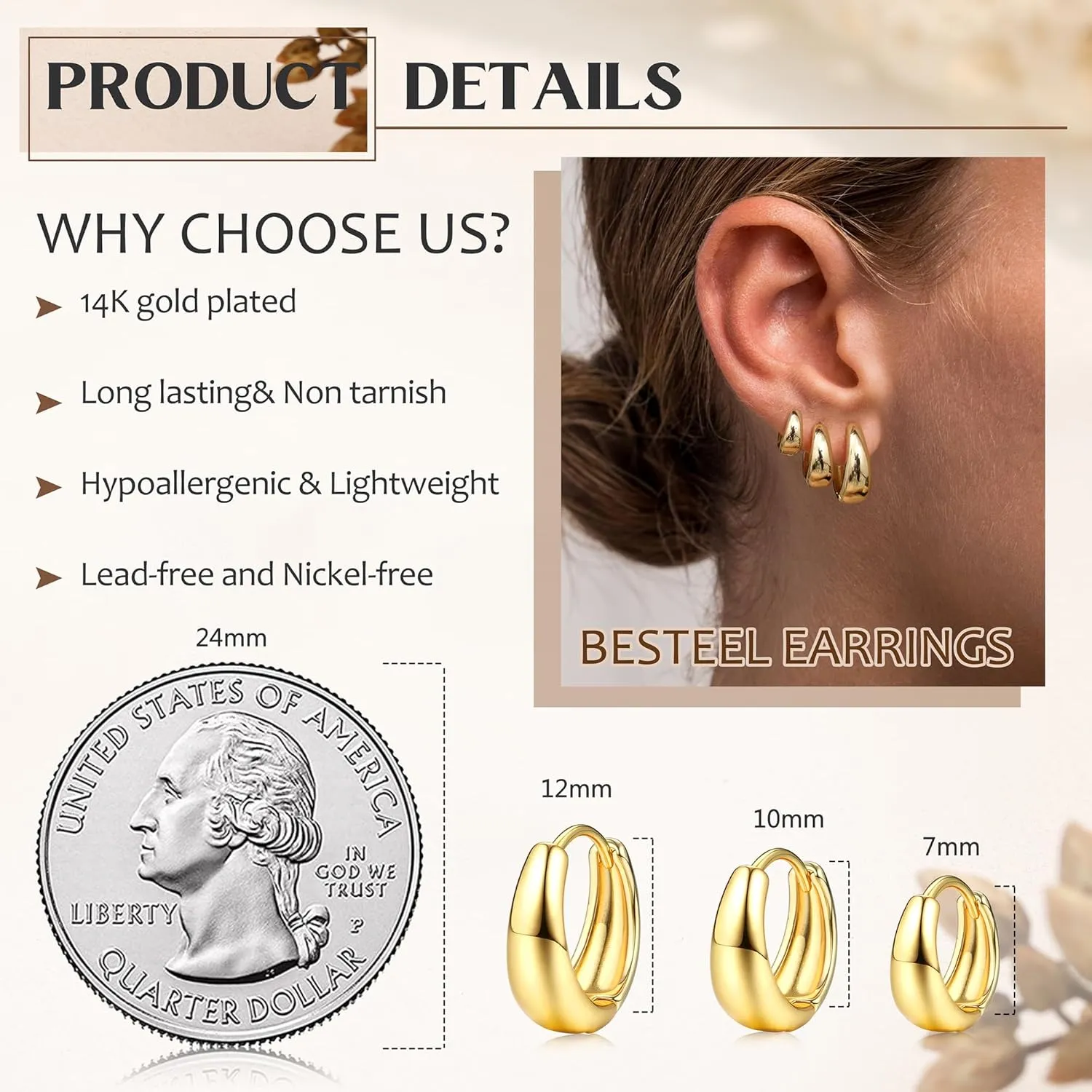 BESTEEL 3Pairs Gold Hoop Earrings Set for Women Chunky Gold Silver Earring 14K Gold Filled Hypoallergenic Small Huggie Hoops Lightweight Tiny Thick Trendy Hoop Earrings Stacks for Multiple Piercing