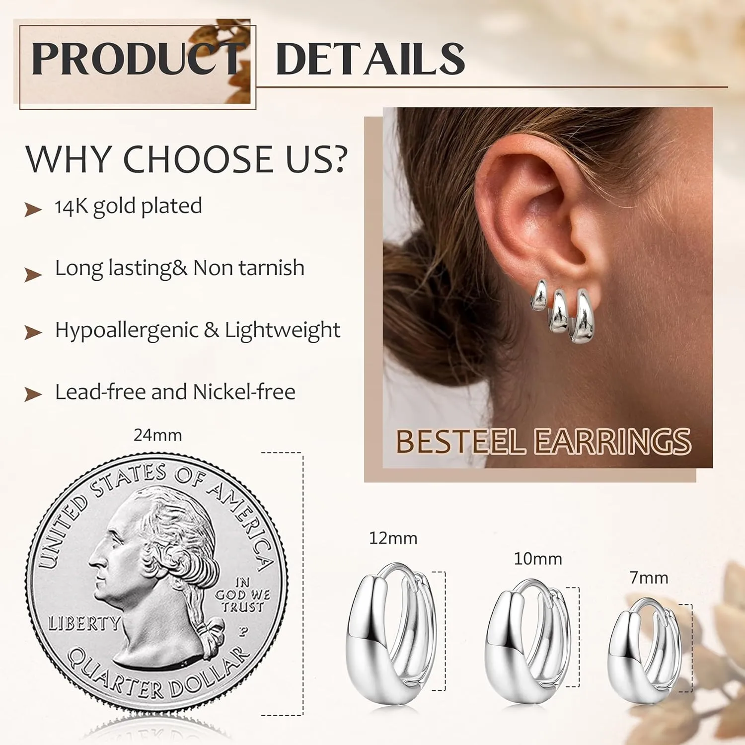 BESTEEL 3Pairs Gold Hoop Earrings Set for Women Chunky Gold Silver Earring 14K Gold Filled Hypoallergenic Small Huggie Hoops Lightweight Tiny Thick Trendy Hoop Earrings Stacks for Multiple Piercing