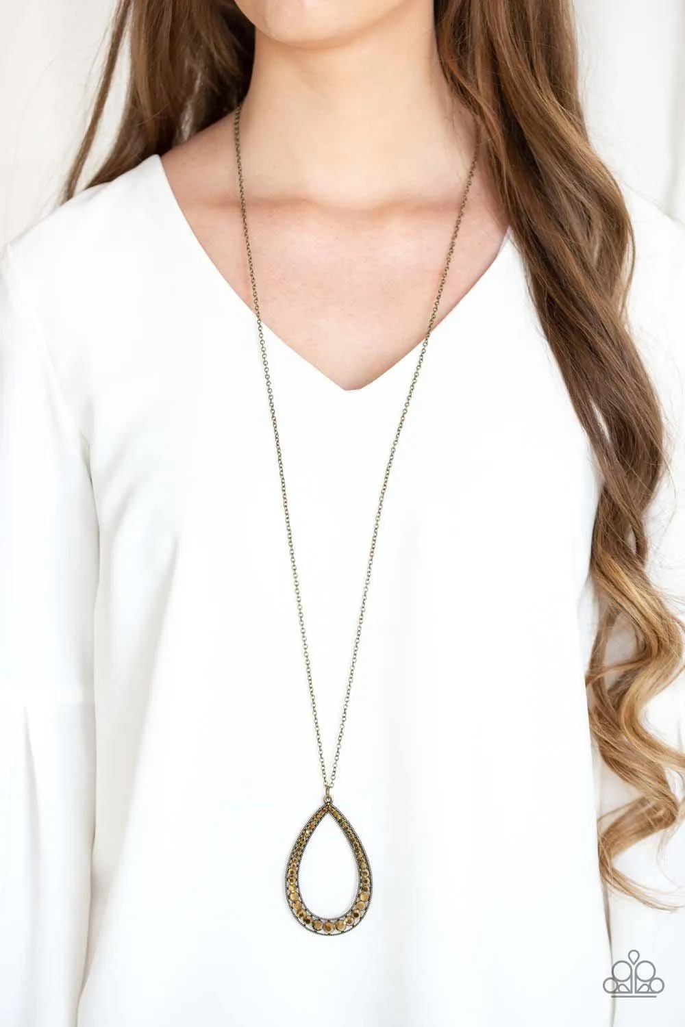 Big Ticket Twinkle Brass Teardrop Necklace - Paparazzi Accessories