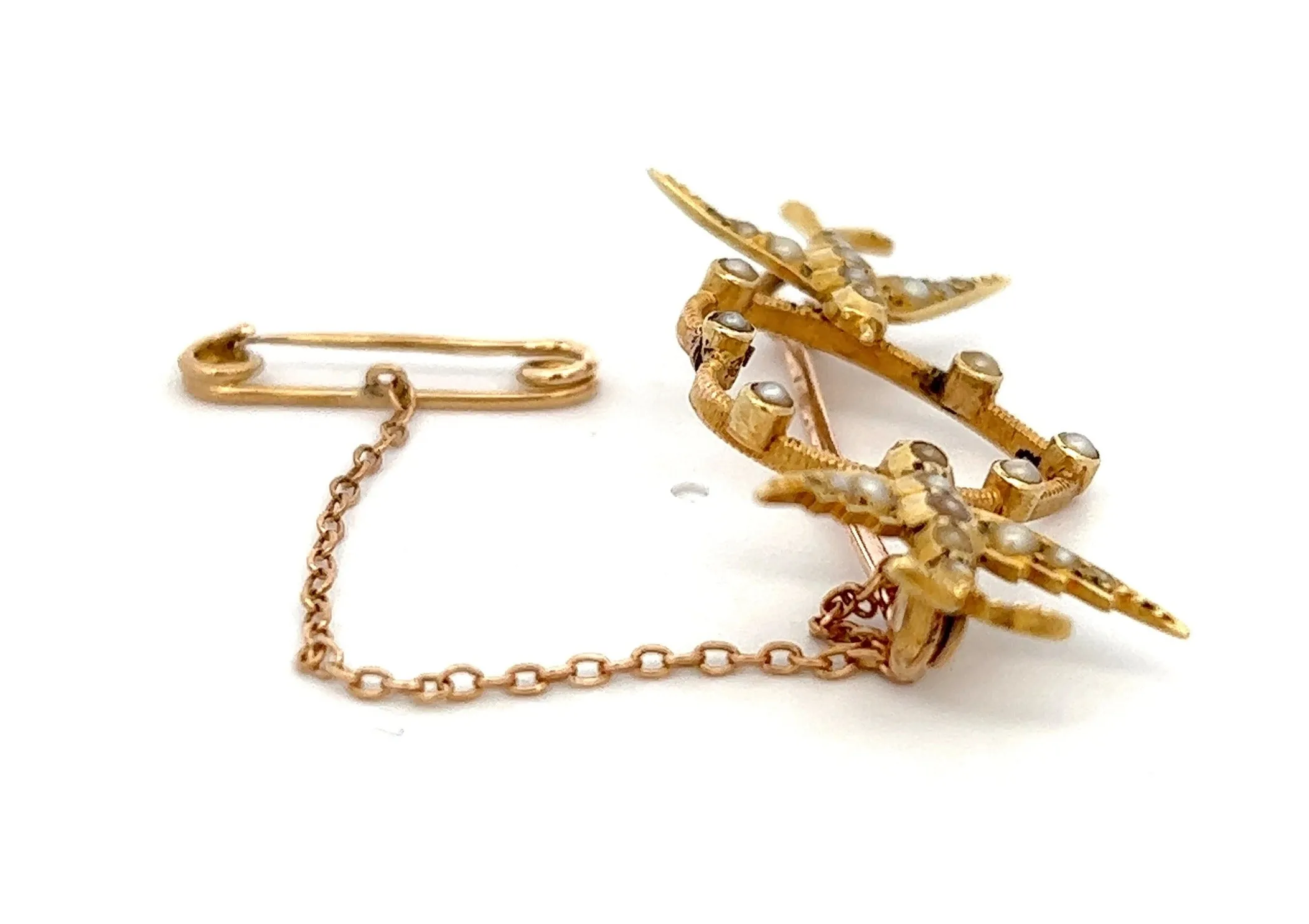 Bird & Heart Seed Pearl 9ct Yellow Gold Brooch