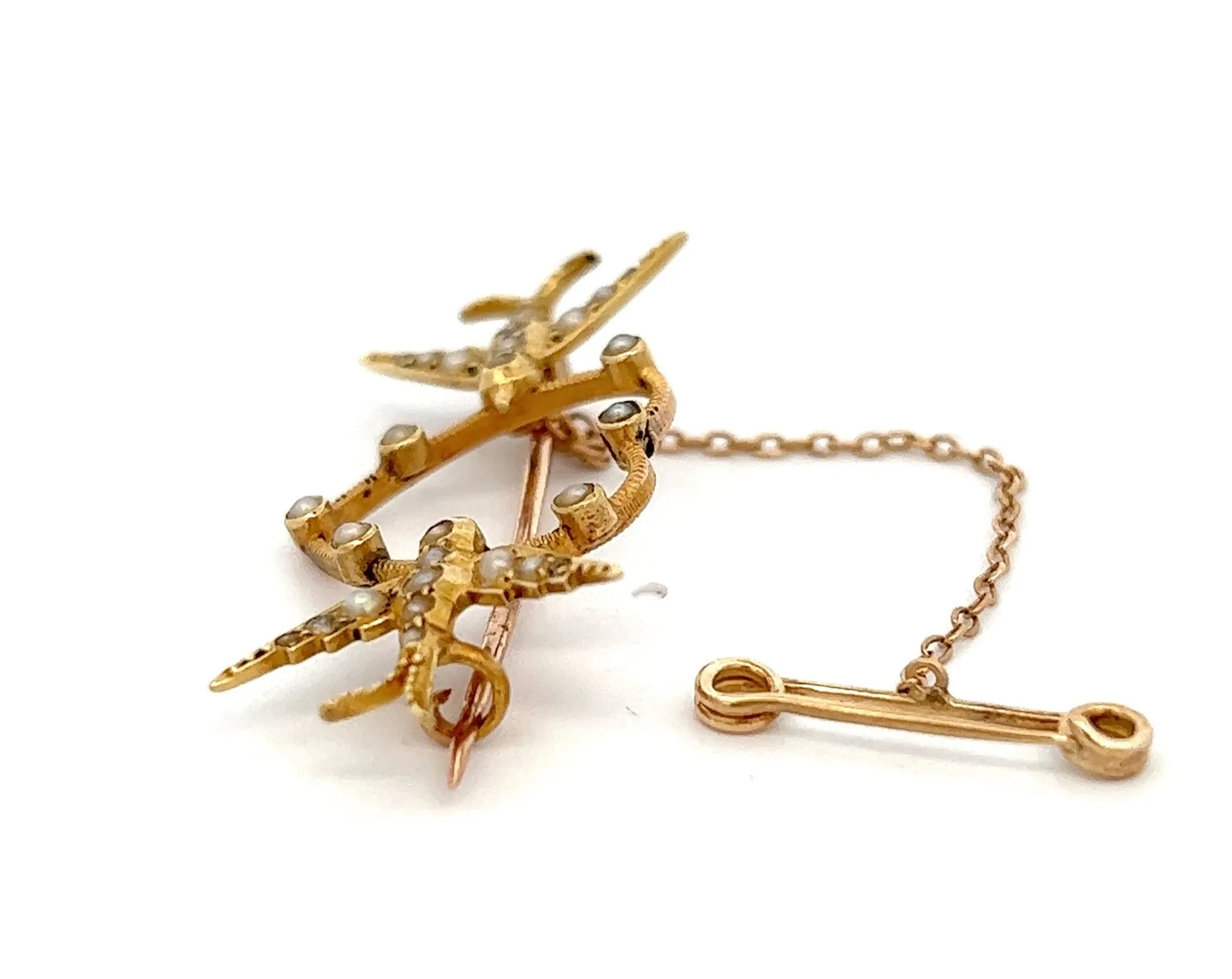 Bird & Heart Seed Pearl 9ct Yellow Gold Brooch