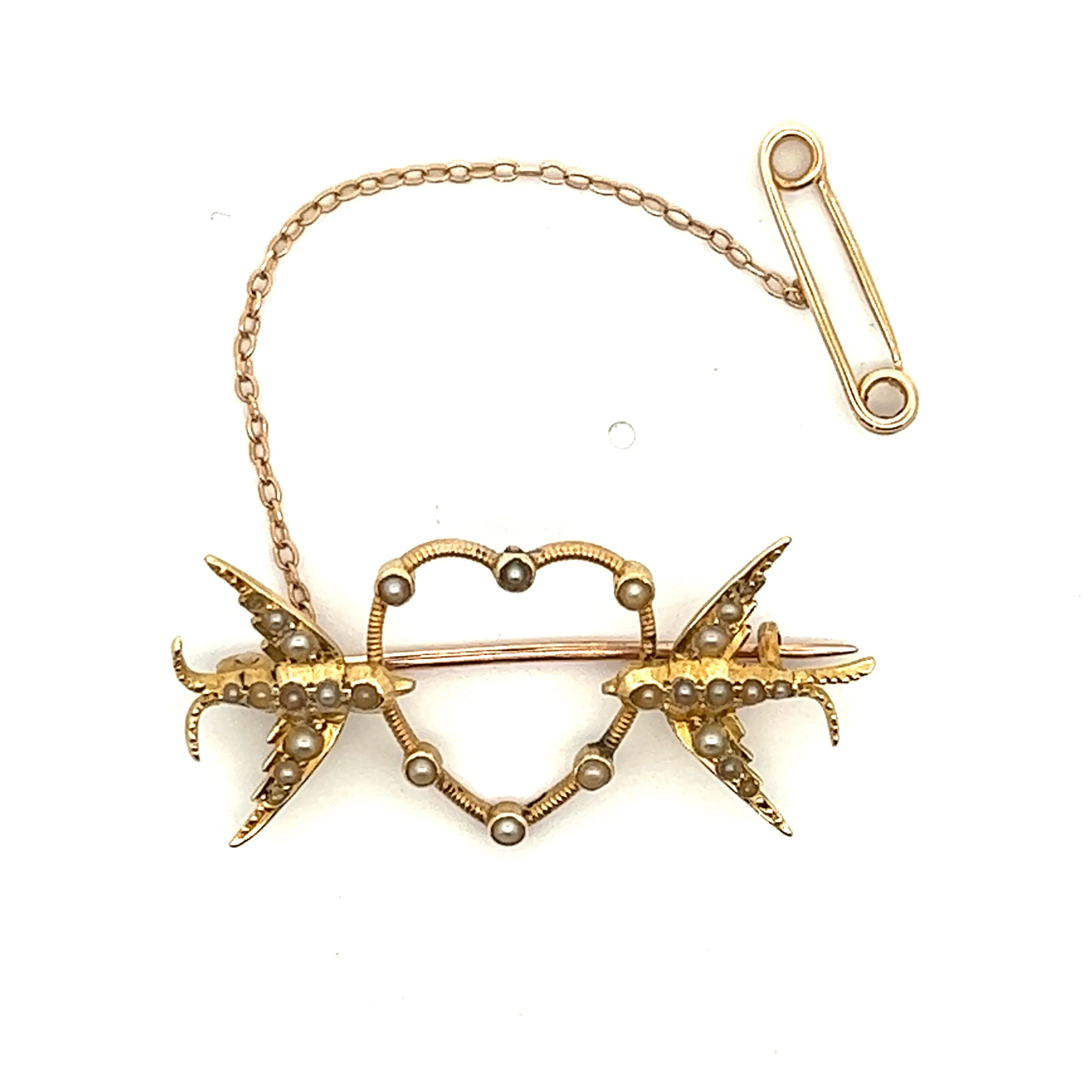 Bird & Heart Seed Pearl 9ct Yellow Gold Brooch