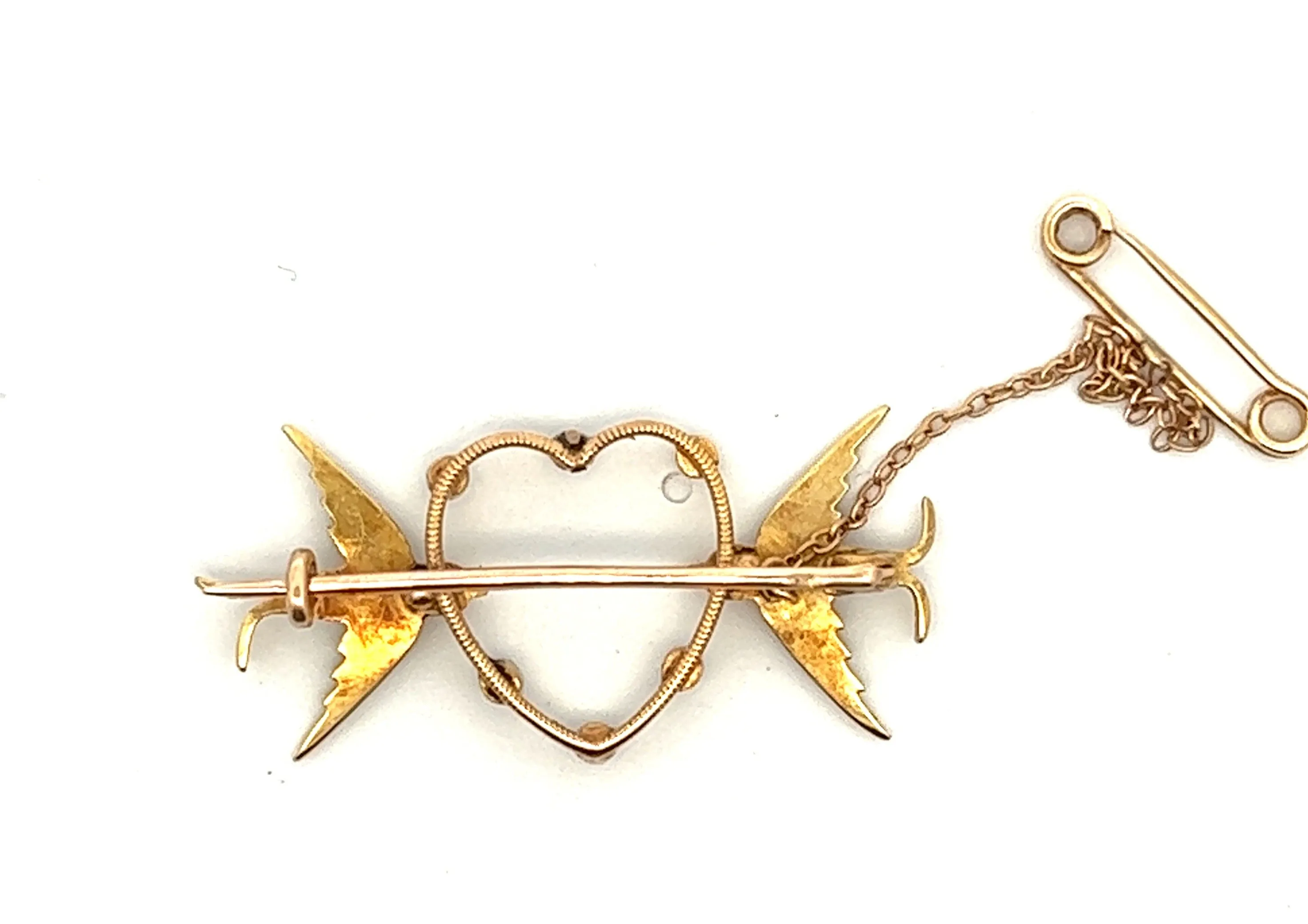 Bird & Heart Seed Pearl 9ct Yellow Gold Brooch