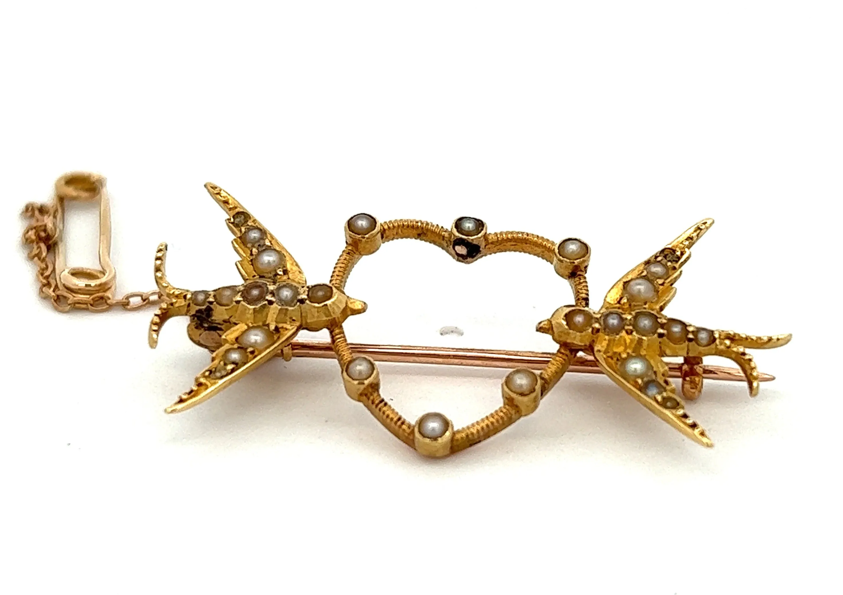 Bird & Heart Seed Pearl 9ct Yellow Gold Brooch