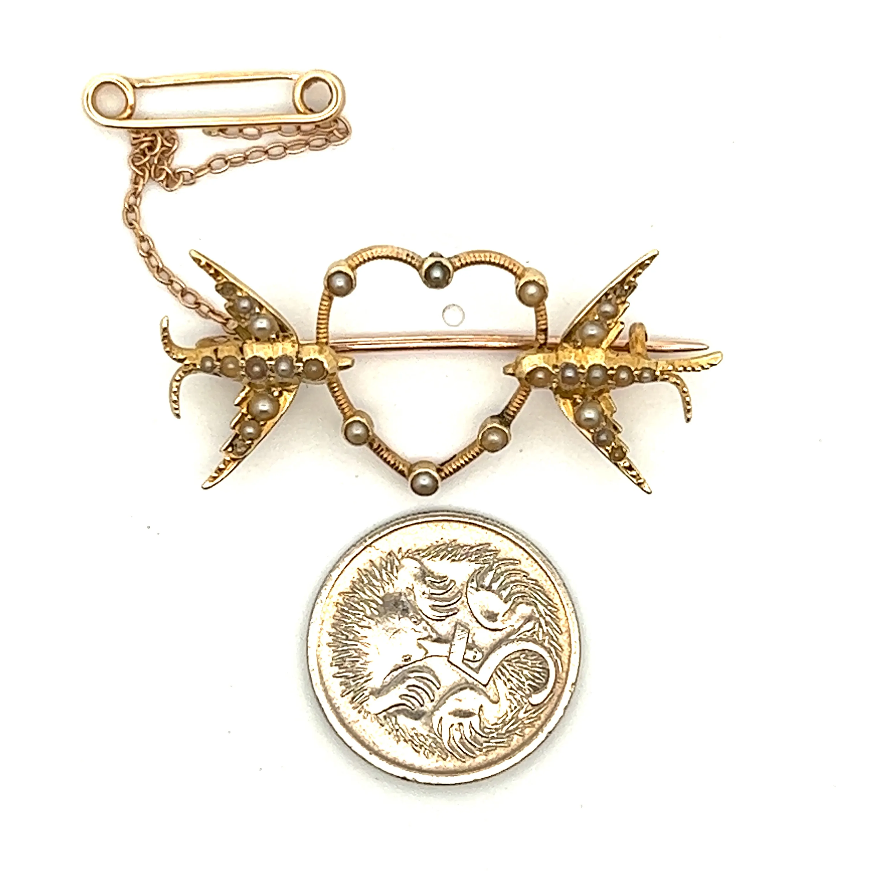 Bird & Heart Seed Pearl 9ct Yellow Gold Brooch