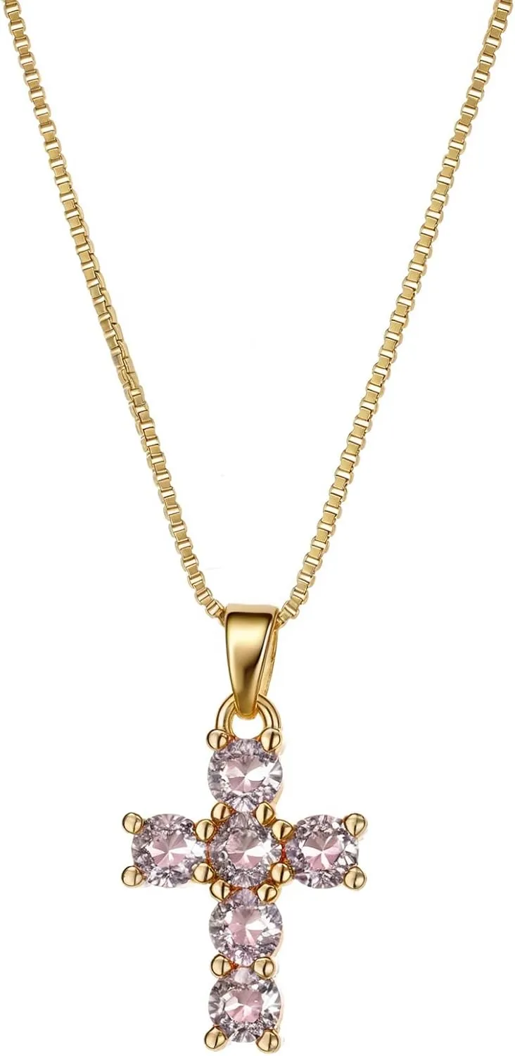 Birthstone Necklace for Women  Dainty Gold Cross Necklaces with Cubic Zirconia Pendant 14k Gold Plated Gift