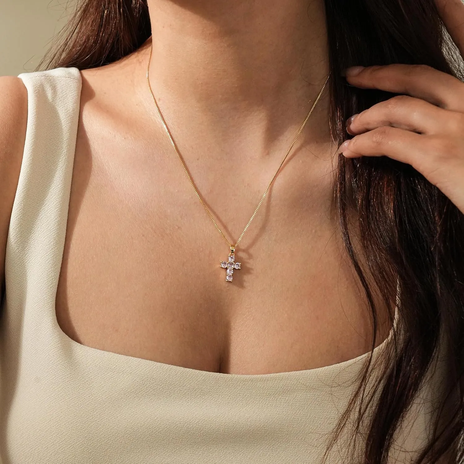 Birthstone Necklace for Women  Dainty Gold Cross Necklaces with Cubic Zirconia Pendant 14k Gold Plated Gift