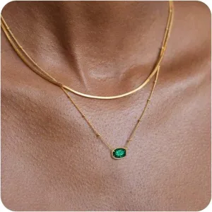 Birthstone Necklace for Women Gold Layered Necklaces Trendy 14K Gold Plated Dainty Crystal Pendant Necklace Simple Thin Snake Chain Jewelry Gifts for Women Birthday