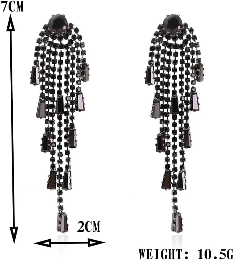 Black Rhinestone Long Tassel Earrings for Women.Crystal Chandelier Dangling Earrings Black Statement Earrings Fringe Zircon Drop Earrings Fashion Jewelry Gifts