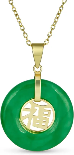 Bling Jewelry Asian Style Framed Rectangle Circle Round Medallion Good Fortune Fu Character Chinese Symbol Dyed Green Jade Agate Pendant Necklace For Women 14K Yellow Gold Plated .925 Sterling Silver