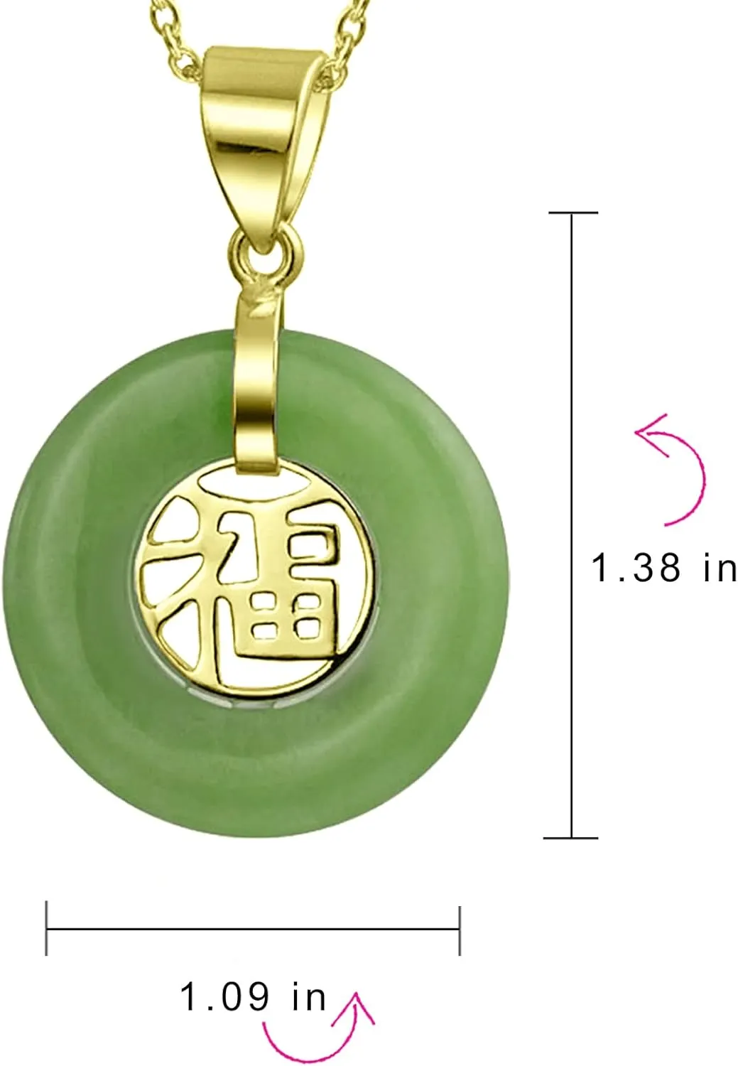 Bling Jewelry Asian Style Framed Rectangle Circle Round Medallion Good Fortune Fu Character Chinese Symbol Dyed Green Jade Agate Pendant Necklace For Women 14K Yellow Gold Plated .925 Sterling Silver