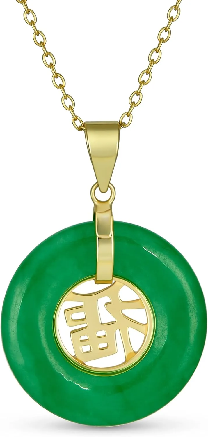 Bling Jewelry Asian Style Framed Rectangle Circle Round Medallion Good Fortune Fu Character Chinese Symbol Dyed Green Jade Agate Pendant Necklace For Women 14K Yellow Gold Plated .925 Sterling Silver