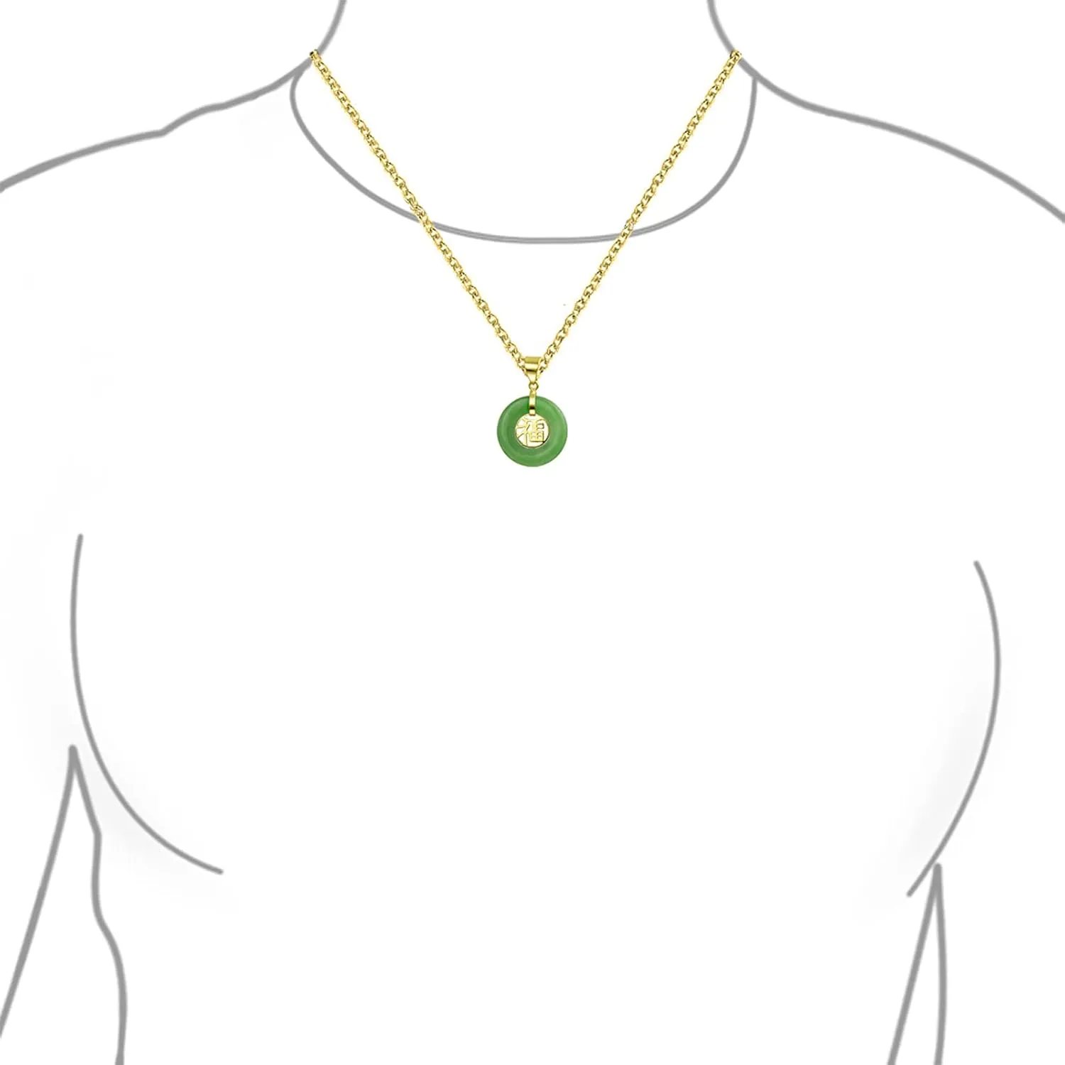 Bling Jewelry Asian Style Framed Rectangle Circle Round Medallion Good Fortune Fu Character Chinese Symbol Dyed Green Jade Agate Pendant Necklace For Women 14K Yellow Gold Plated .925 Sterling Silver
