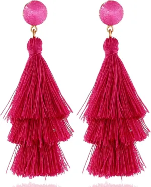 Bohemian 3 Tier Layered Colorful Tassel Earrings for Women,Handmade Multi Colors Long Fringe Dangle Earrings Party Jewelry