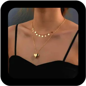 Bohemian Layered Disc Heart Choker Necklace Gold Puffy Heart Pendant Necklaces Metal Disc Coin Chain Necklace Minimalist Round Coin Collar Necklaces Jewelry for Women