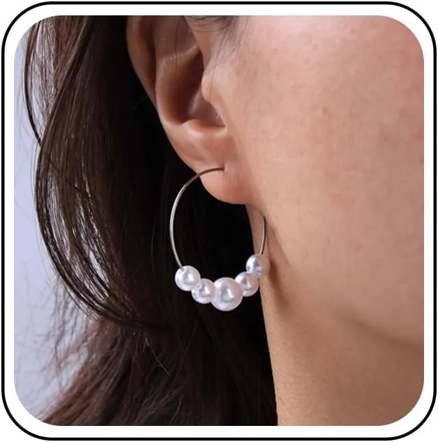 Bohemian Pearl Dangle Earrings Gold Hollow Hoop Drop Earrings Round Pearl Bead Stud Earrings Minimalist Pearl Circle Earrings Jewelry for Women