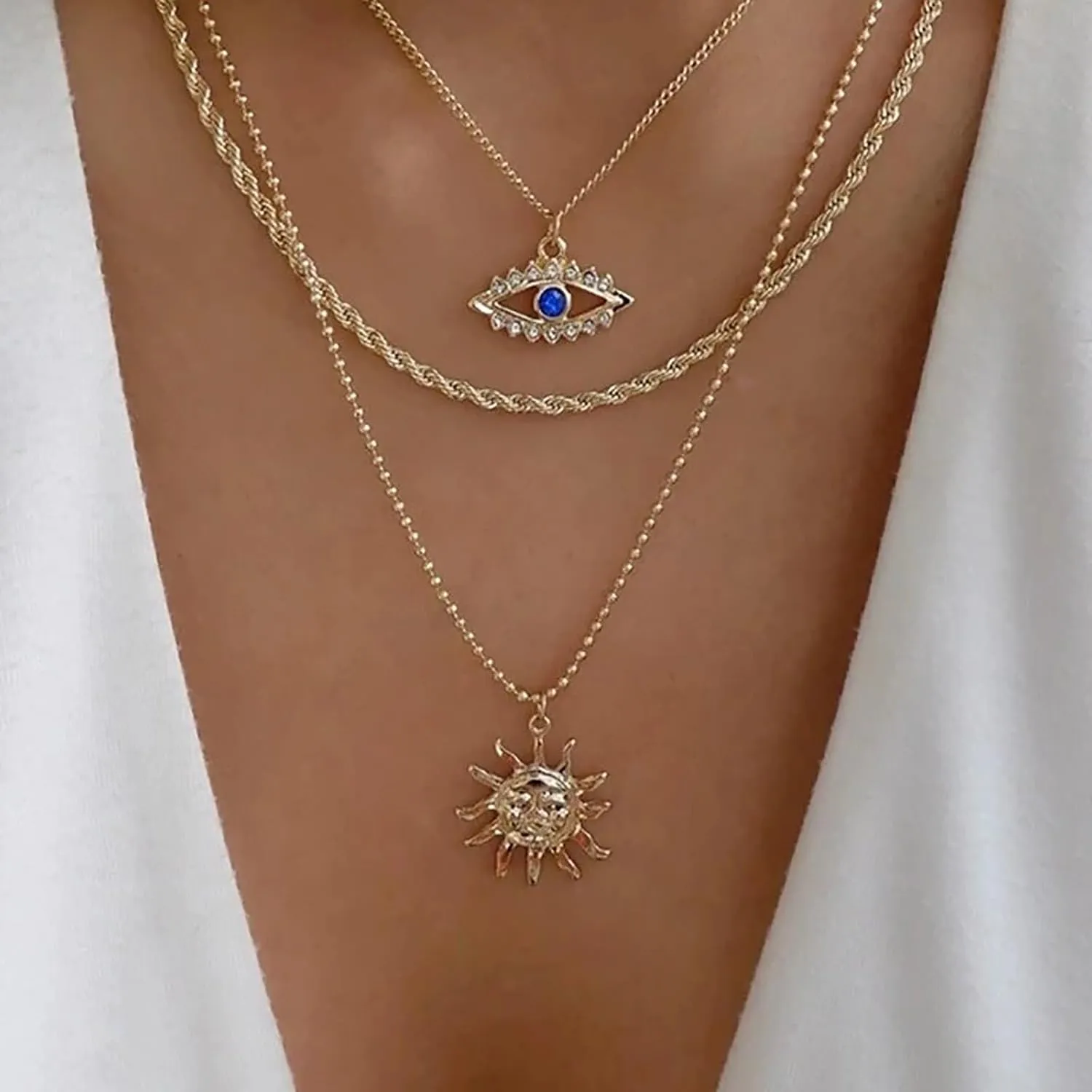 Boho Crystal Evil Eye Necklace Choker Sapphire Teardrop Pendant Necklace Blue CZ Eye Necklaces Lucky Devil Eyes Chain Necklaces Jewelry for Women