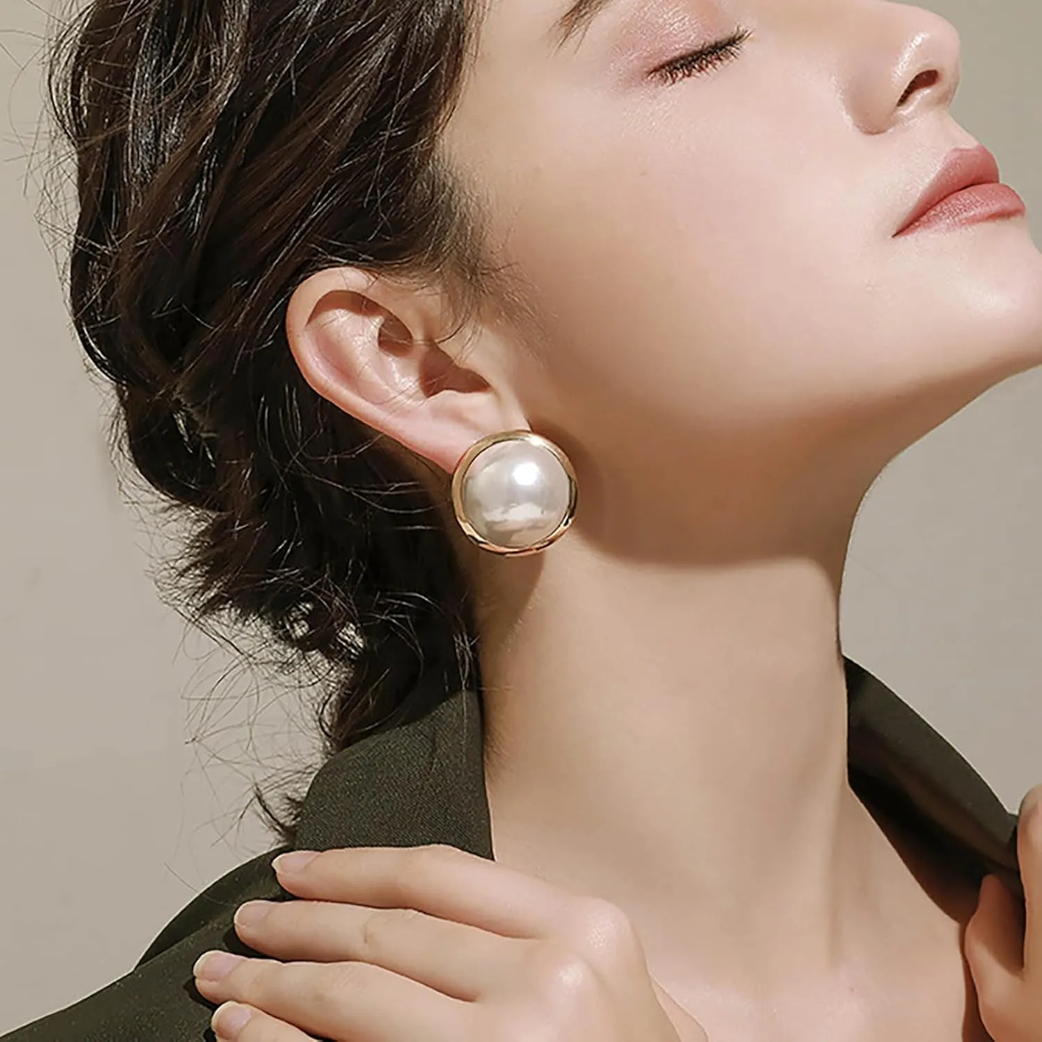 Boho Large Pearl Earrings Gold Pearl Stud Earrings Big Round Pearl Earrings Freshwater Pearl Bridal Earrings Disc Pearl Drop Earrings