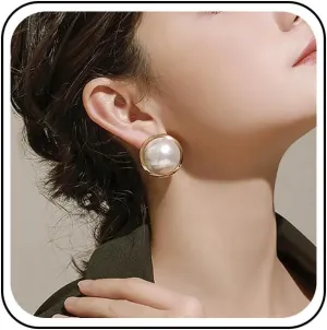 Boho Large Pearl Earrings Gold Pearl Stud Earrings Big Round Pearl Earrings Freshwater Pearl Bridal Earrings Disc Pearl Drop Earrings