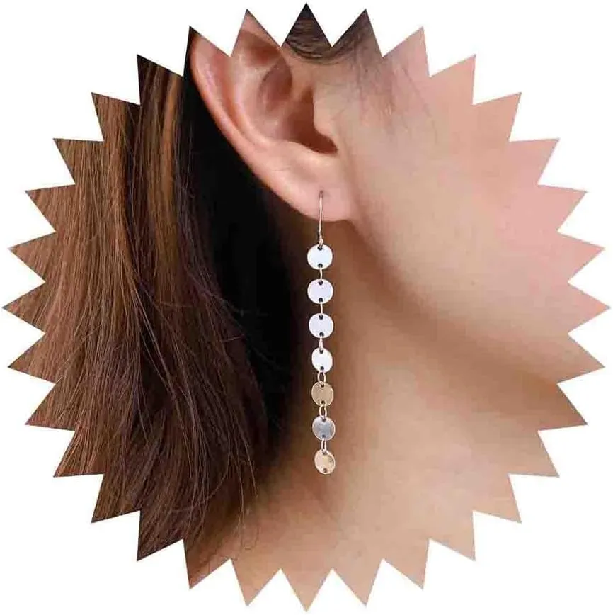 Boho Long Disc Drop Earrings Gold Disc Tassel Earrings Tiny Disc Chain Earrings Minimalist Small Coin Dangle Earrings Jewelry for Women