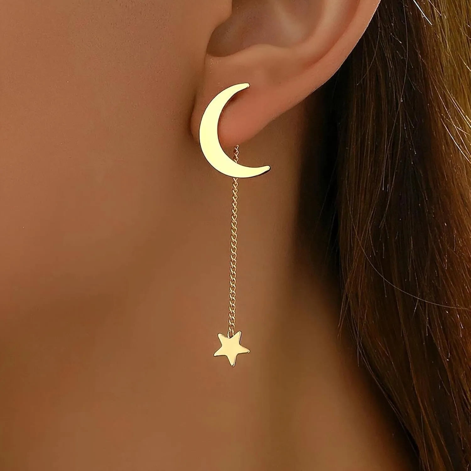 Boho Moon Star Tassel Vintage Crescent Moon Earrings Long Star Chain Drop Earrings Long Chain Ear Jacket Stud for Women(Gold)