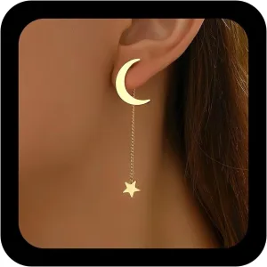 Boho Moon Star Tassel Vintage Crescent Moon Earrings Long Star Chain Drop Earrings Long Chain Ear Jacket Stud for Women(Gold)