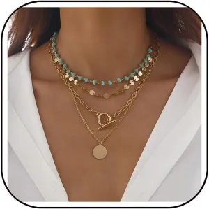 Boho Necklaces for Women Layered Turquoise Beaded Western Necklaces Vintage Bohemian Coin Pendant Country Beach Jewelry Accessories
