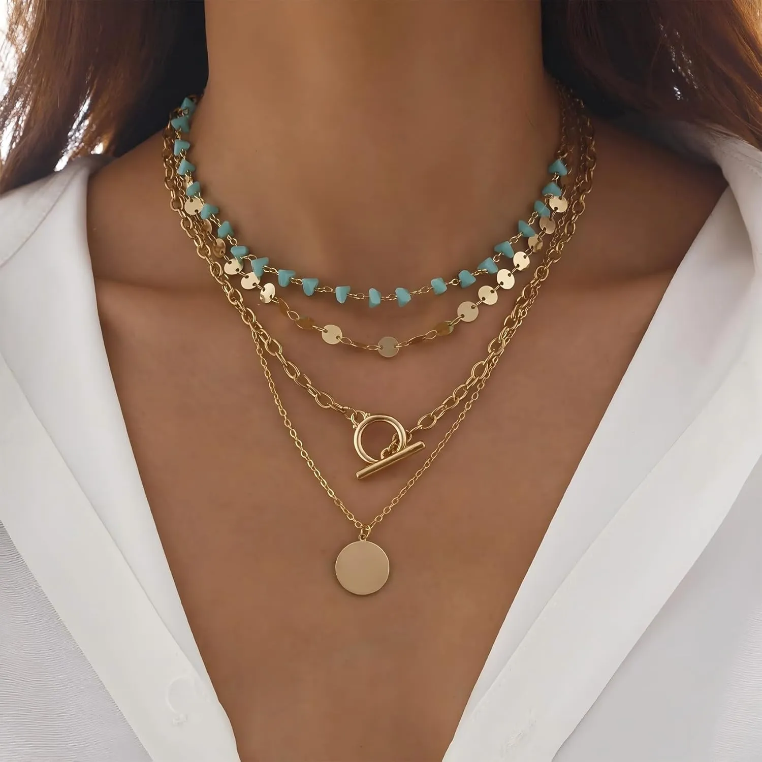 Boho Necklaces for Women Layered Turquoise Beaded Western Necklaces Vintage Bohemian Coin Pendant Country Beach Jewelry Accessories