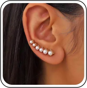 Boho Pearl Ear Climber Earrings Pearl Crawler Earrings Vintage Cluster Pearl Stud Earrings White Pearl Climbing Earrings Jewelry for Women