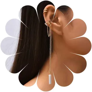 Boho Tassel Chain Ear Cuff Earring Gold Fake Helix Ear Cuff Earring Long Chain Dangle Cuff Earring White Bar Drop No Piercing Earring Cartilage Cuff Earring Jewelry for Women